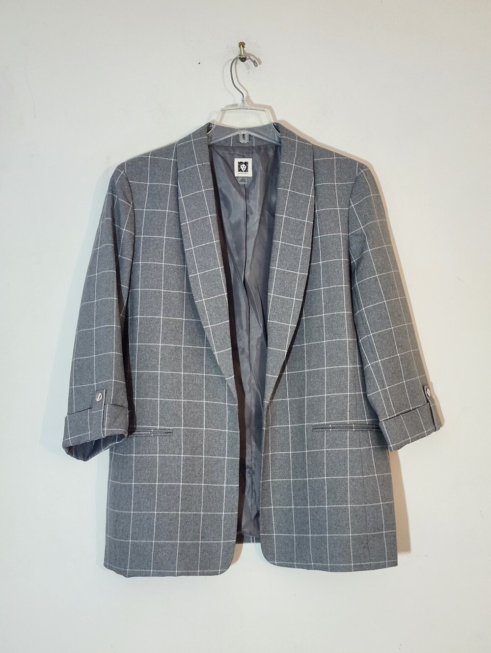 Anne Klein Size Open Front Shawl Collar, 3/4 Sleeve, Plaid Blazer Size:L